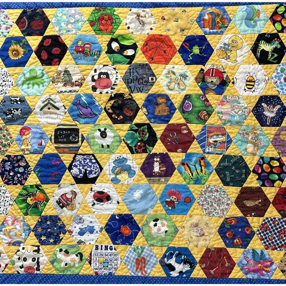 Handmade Kids Quilt 41x35” Hexagon Patchwork Bright Primary Colors - Picture 2 of 5